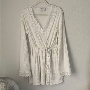ASOS Design Textured White Crochet Trim Wrap Long Sleeve Mini Dress Size 6